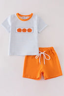 Pumpkin French Knot Boy Shorts Set – Fall Ready Outfit for Boys