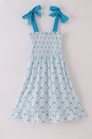 Blue floral bow tie strap mom dress