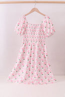 Pink bow hydrangea smocked women dress