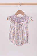 Purple Floral Smocked Ruffle Bubble