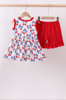 Red cherry bow ruffle shorts set