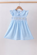 Blue floral smocked jacquard ruffle dress