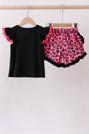 Black let's go girl boots leopard ruffle shorts set