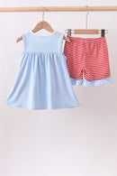Blue god bless America flag french knot ruffle shorts set