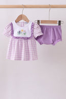Purple floral embroidery gingham bloomer set