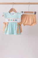 Mint marine creature smocked stripe bloomer set