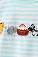 Green stripe Noah's Ark french knot romper
