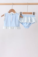 Blue character applique ruffle 2pc swimsuit