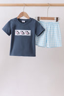 Blue Cow Plaid Embroidered Set
