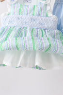Green Stripe Smocked Bow Seersucker Bloomer Set