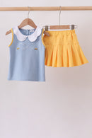 Blue bus bow embroidery ruffle skorts set