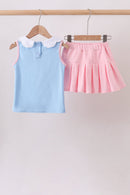 Blue pencil bow embroidery ruffle skorts set