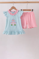Blue Stripe Schoolhouse Appliqué Ruffle Set