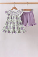 Purple Floral Smocked Bloomer Set