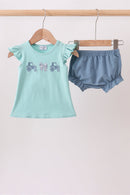 Blue Farm Tractor Embroidered Bloomer Set