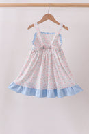 Blue Floral Print Ruffle Dress