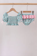 Green Floral Smocked Swimsuit