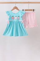 Blue Apple Applique Shorts Set