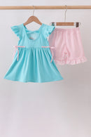 Blue Apple Applique Shorts Set
