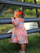 Fall Halloween & Thanksgiving Pumpkin Bow Smock Embroidered Floral Dress