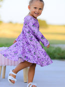 Fall Lavender Floral Print Girls Long Sleeve Twirl Dress
