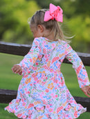 Fall Butterfly Floral Print Girls Ruffle Hem Twirl Dress