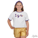 Tigers Tinsel Ringer Tee – Girls Boxy Game Day Top in Purple & Gold