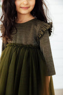 Olive Shimmer 3/4 Sleeve Tutu Dress