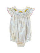 Over the Rainbow Smocked Bubble Romper for Baby Girls | Rainbow Embroidered Bubble | Bossier City, LA