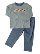 Boys Turkey Embroidered Pant Set | Blue Stripe Boutique Thanksgiving Outfit