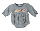 Baby Girls Navy Turkey Embroidered Bubble Romper | Thanksgiving Boutique Outfit
