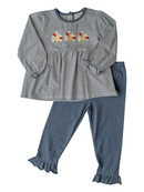Baby Girls Navy Turkey Embroidered Ruffle Pant Set | Thanksgiving Boutique Outfit