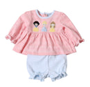 Baby Girls Disney Princess Inspired Applique Bloomer Set | Pink Long Sleeve Top & Blue Ruffle Bloomers