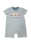 Doodle Smocked Boys Romper | Blue Stripe Puppy Bubble Romper | Boutique Baby Boy Outfit | Bossier City, LA