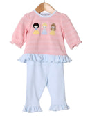 Baby Girls Disney Princess Inspired Applique Pant Set | Pink Long Sleeve Top & Blue Ruffle Pants