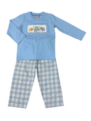 Boys Noah's Ark Applique Blue Plaid Pant Set | Boutique Baby & Toddler Outfit