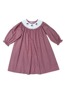 Santa Smocked Long Sleeve Bishop Dress – Girls Holiday Gingham Christmas Dress
