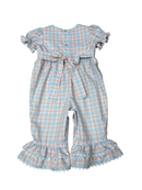 Baby Girls Smocked Noah's Ark Plaid Ruffle Romper | Boutique Blue & Pink Bubble Outfit