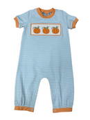 Baby Boys Smocked Pumpkin Romper | Blue Stripe Boutique Fall Romper