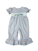 Baby Girls Smocked Noah's Ark Plaid Ruffle Romper | Boutique Blue & Pink Bubble Outfit
