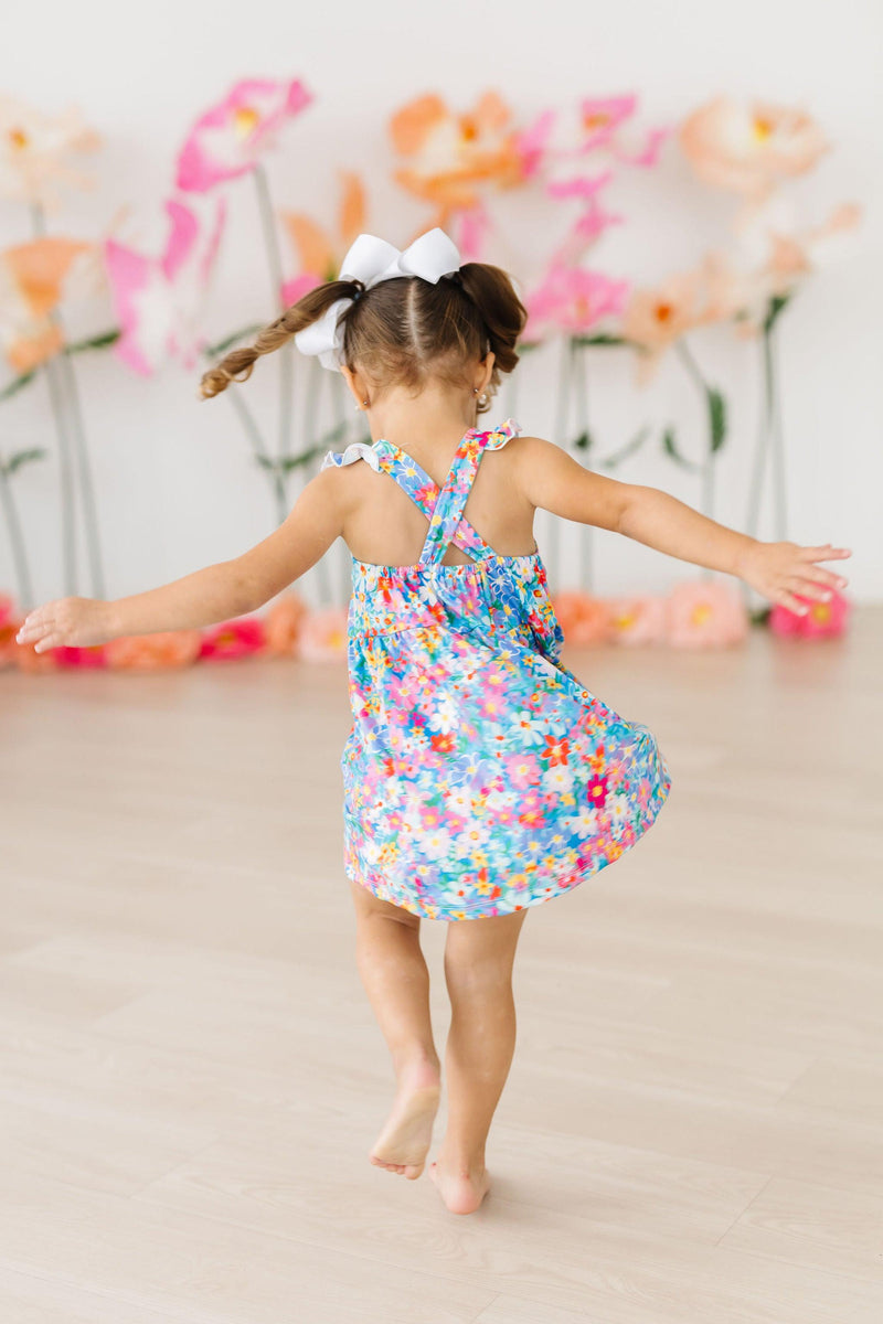 Preppy Floral Ruffle Cross Back Dress