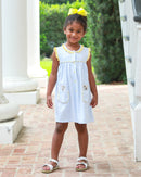 Girls Puppy Paws Pocket Dress – Blue Stripe & Yellow