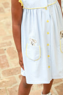 Girls Puppy Paws Pocket Dress – Blue Stripe & Yellow