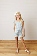 Girls Blue & Pink Floral Tie Shoulder Romper | Bossier City, LA