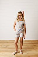 Girls Blue Multi Floral Tie Shoulder Romper | Bossier City, LA