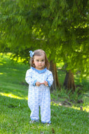 Blue Trellis Bow Girls Romper | Long Sleeve Fall Baby Romper | Bossier City, LA