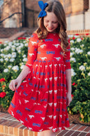 SMU Red Mustang 3/4 Sleeve Pocket Twirl Dress