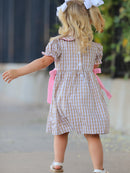 Fall Thanksgiving Lapel Plaid Chick Embroidery Smocking Bow Baby Girls Dress