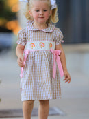 Fall Thanksgiving Lapel Plaid Chick Embroidery Smocking Bow Baby Girls Dress