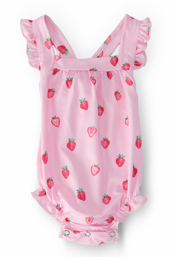 Sweet Strawberries Ruffle Cross Back Romper